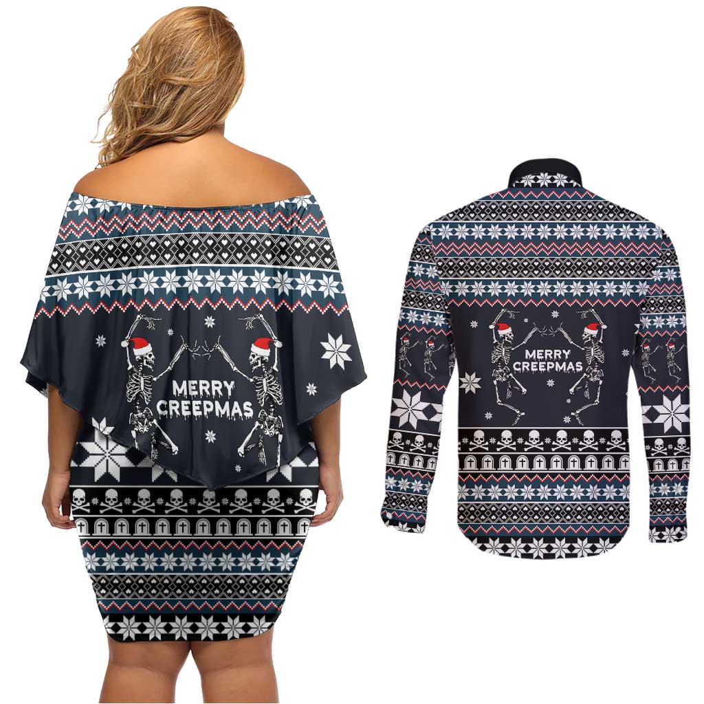 Skeleton Merry Creepmas Christmas Couples Matching Off Shoulder Short Dress and Long Sleeve Button Shirt Xmas Holiday Patterns - Wonder Print Shop