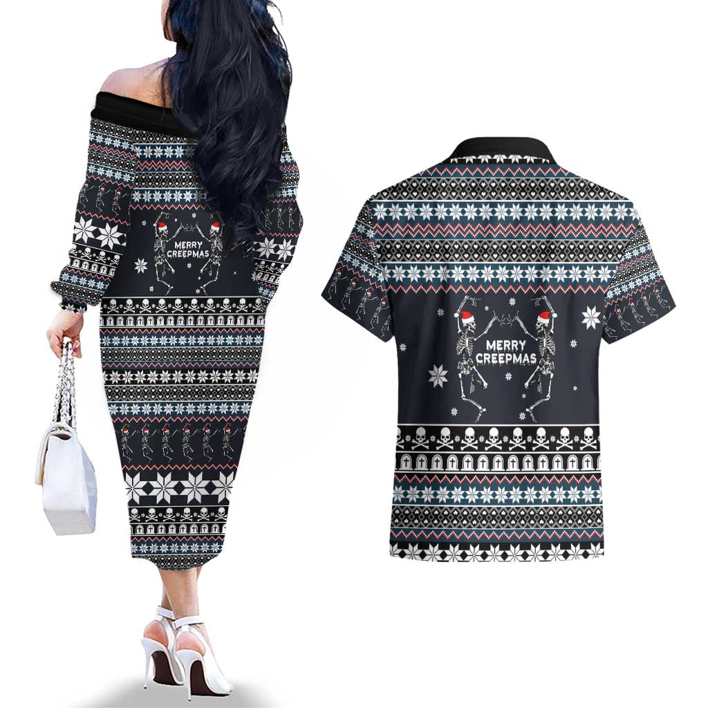 Skeleton Merry Creepmas Christmas Couples Matching Off The Shoulder Long Sleeve Dress and Hawaiian Shirt Xmas Holiday Patterns - Wonder Print Shop