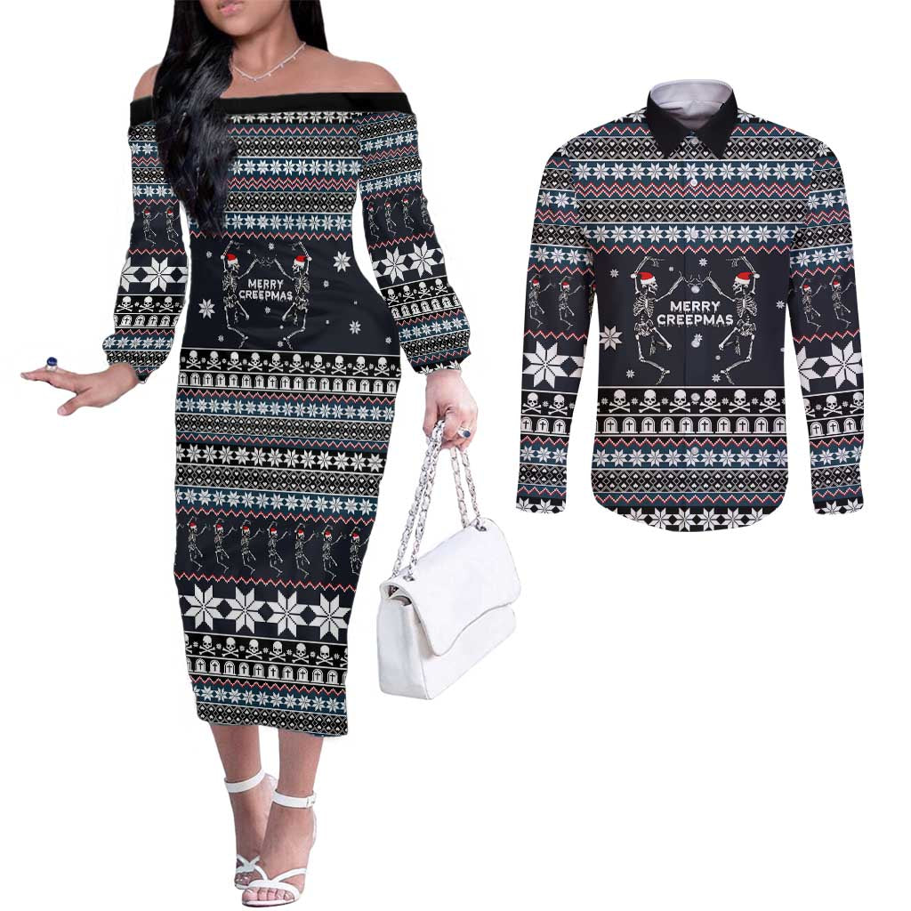 Skeleton Merry Creepmas Christmas Couples Matching Off The Shoulder Long Sleeve Dress and Long Sleeve Button Shirt Xmas Holiday Patterns - Wonder Print Shop