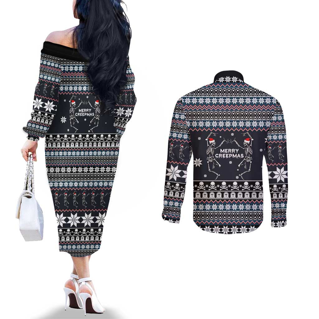 Skeleton Merry Creepmas Christmas Couples Matching Off The Shoulder Long Sleeve Dress and Long Sleeve Button Shirt Xmas Holiday Patterns - Wonder Print Shop