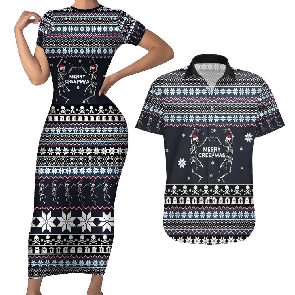 Skeleton Merry Creepmas Christmas Couples Matching Short Sleeve Bodycon Dress and Hawaiian Shirt Xmas Holiday Patterns - Wonder Print Shop