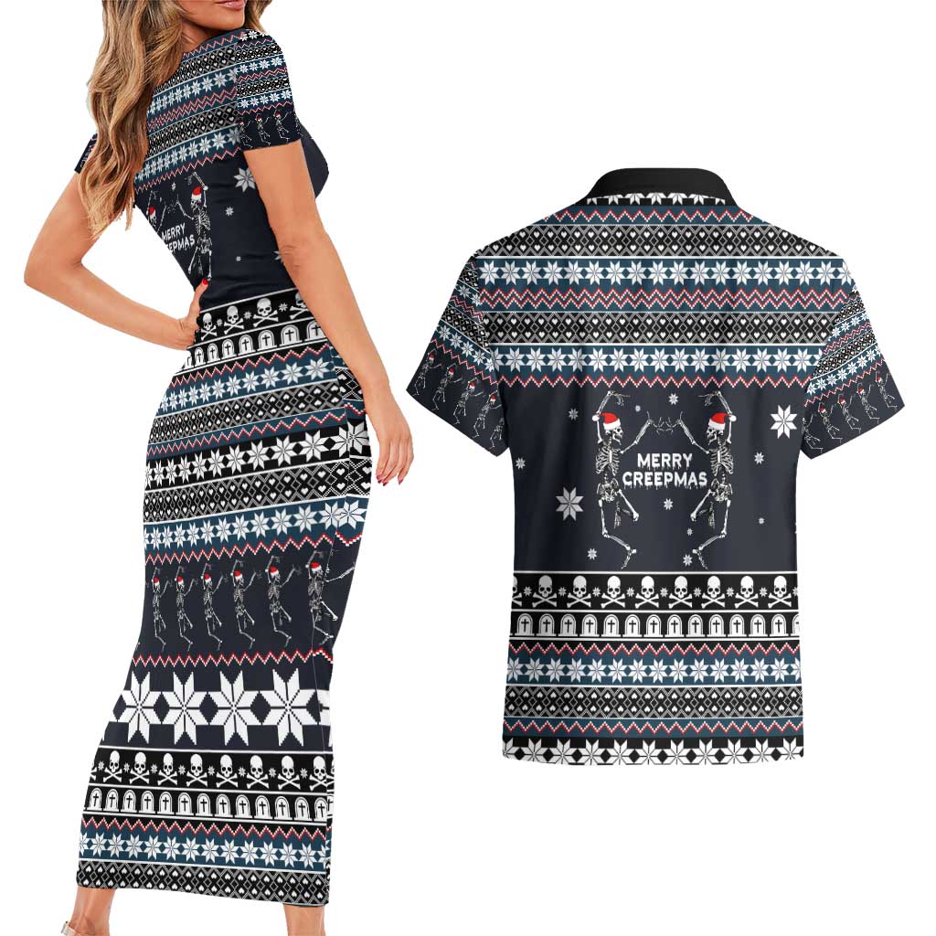 Skeleton Merry Creepmas Christmas Couples Matching Short Sleeve Bodycon Dress and Hawaiian Shirt Xmas Holiday Patterns - Wonder Print Shop