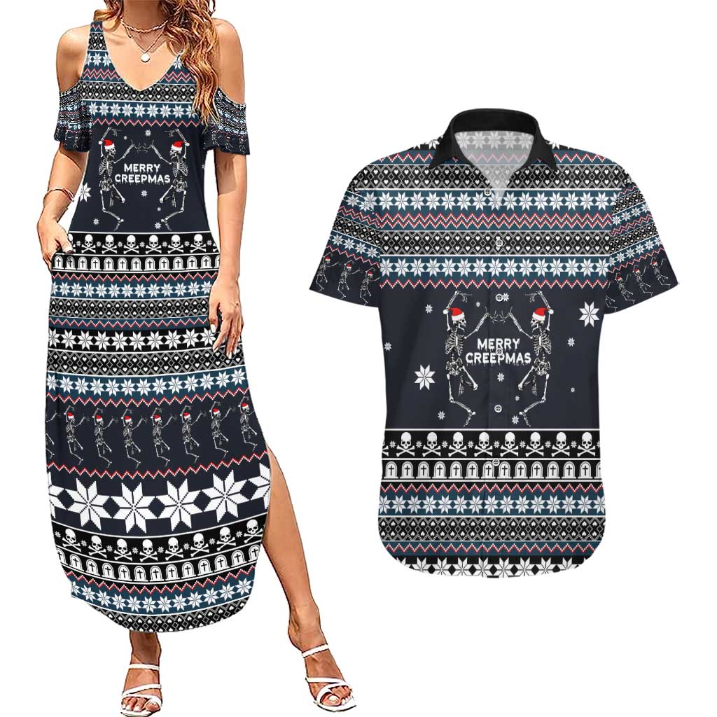 Skeleton Merry Creepmas Christmas Couples Matching Summer Maxi Dress and Hawaiian Shirt Xmas Holiday Patterns - Wonder Print Shop