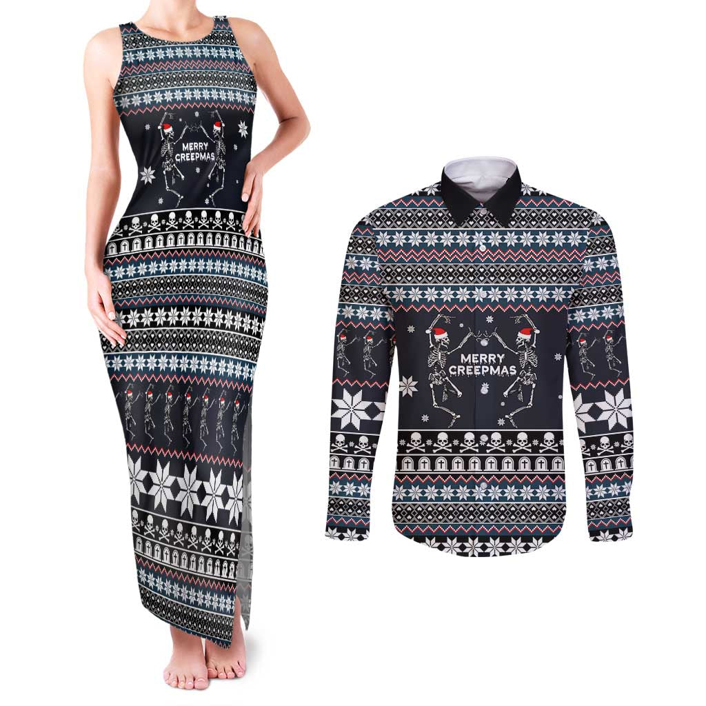 Skeleton Merry Creepmas Christmas Couples Matching Tank Maxi Dress and Long Sleeve Button Shirt Xmas Holiday Patterns - Wonder Print Shop