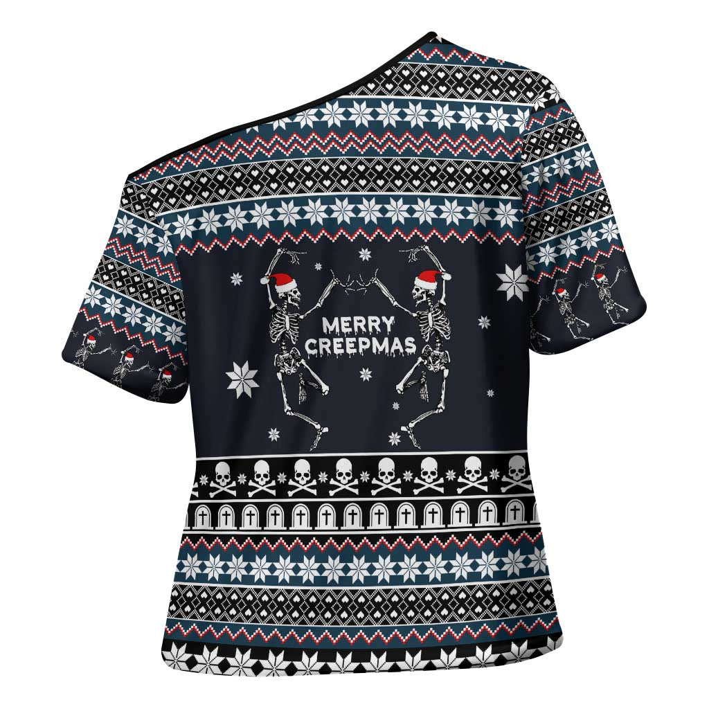 Skeleton Merry Creepmas Christmas Cross Shoulder Shirt Xmas Holiday Patterns - Wonder Print Shop