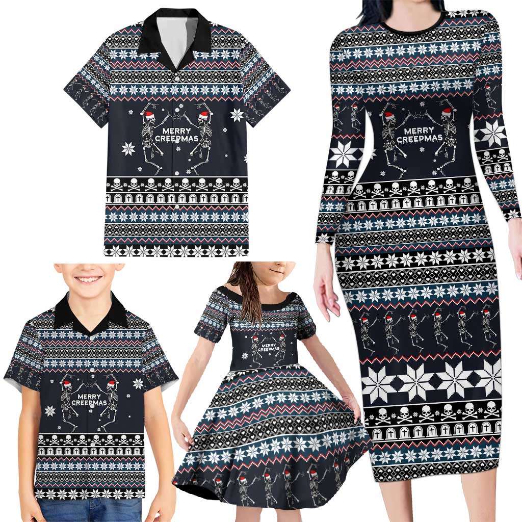 Skeleton Merry Creepmas Christmas Family Matching Long Sleeve Bodycon Dress and Hawaiian Shirt Xmas Holiday Patterns - Wonder Print Shop
