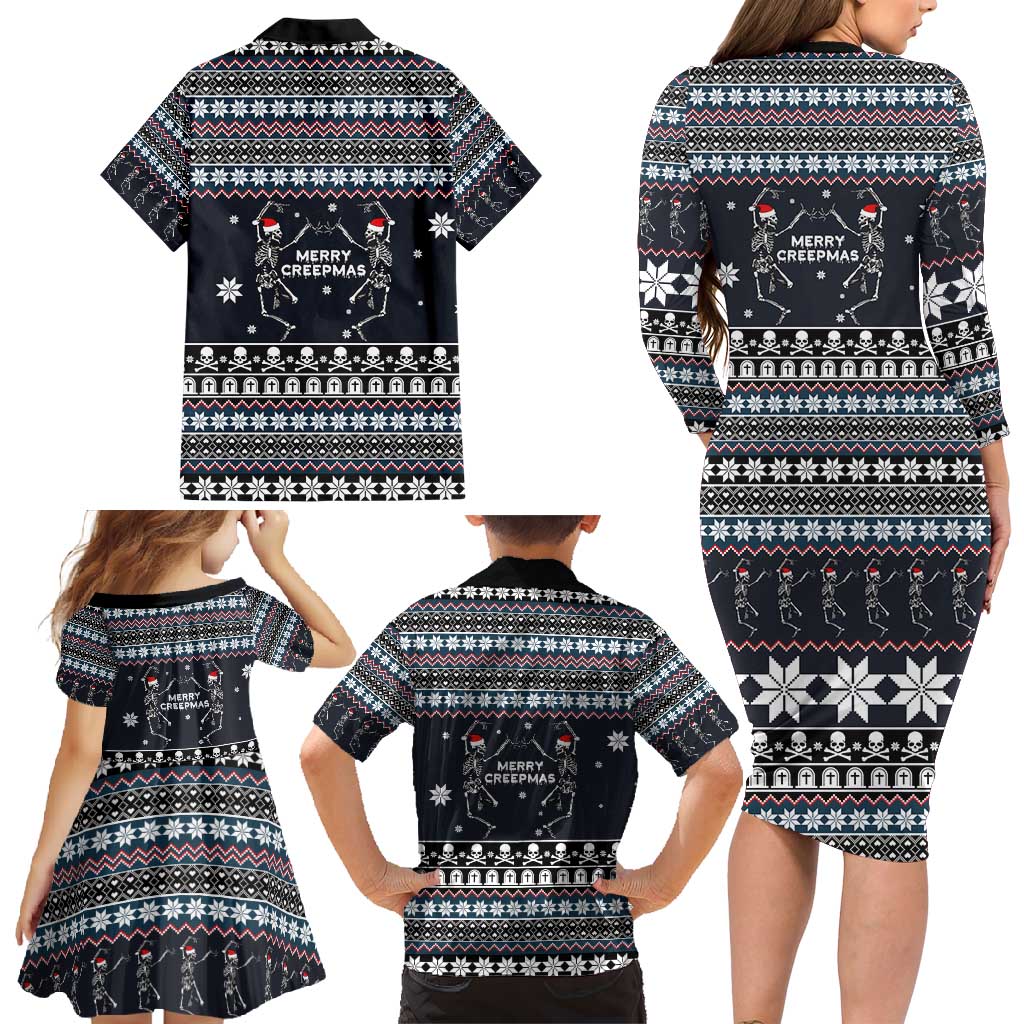 Skeleton Merry Creepmas Christmas Family Matching Long Sleeve Bodycon Dress and Hawaiian Shirt Xmas Holiday Patterns - Wonder Print Shop