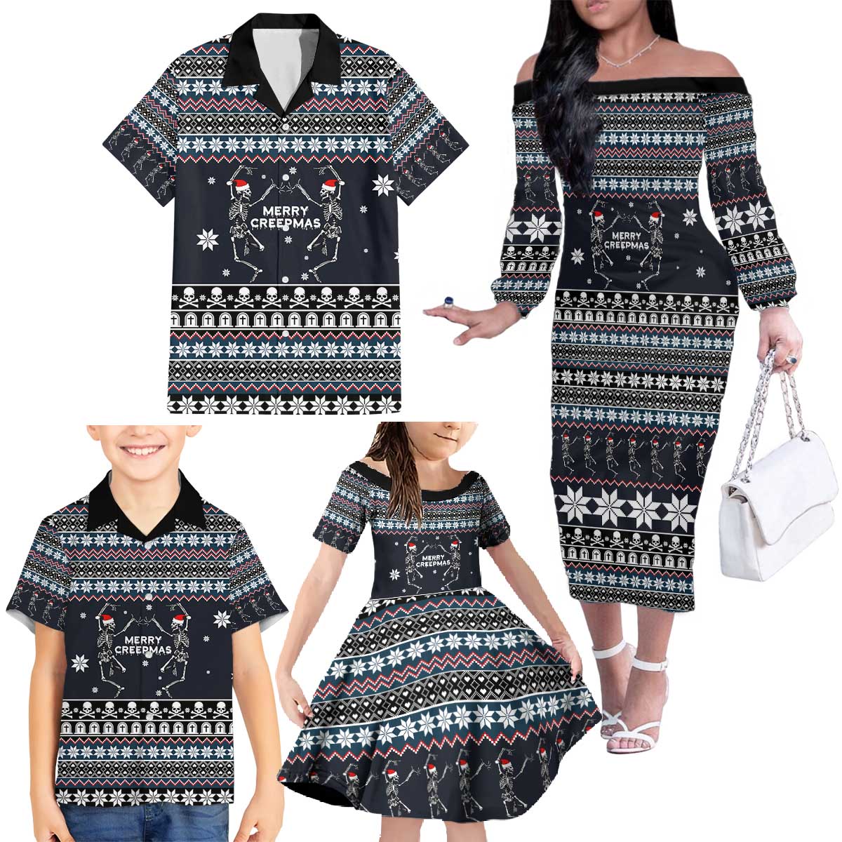 Skeleton Merry Creepmas Christmas Family Matching Off The Shoulder Long Sleeve Dress and Hawaiian Shirt Xmas Holiday Patterns - Wonder Print Shop