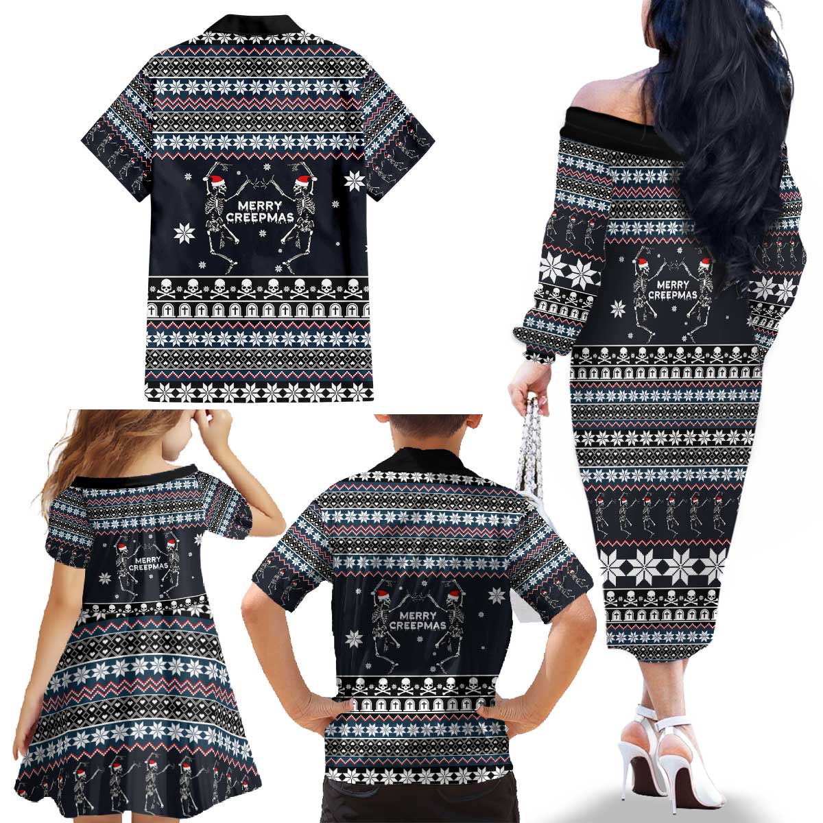 Skeleton Merry Creepmas Christmas Family Matching Off The Shoulder Long Sleeve Dress and Hawaiian Shirt Xmas Holiday Patterns - Wonder Print Shop
