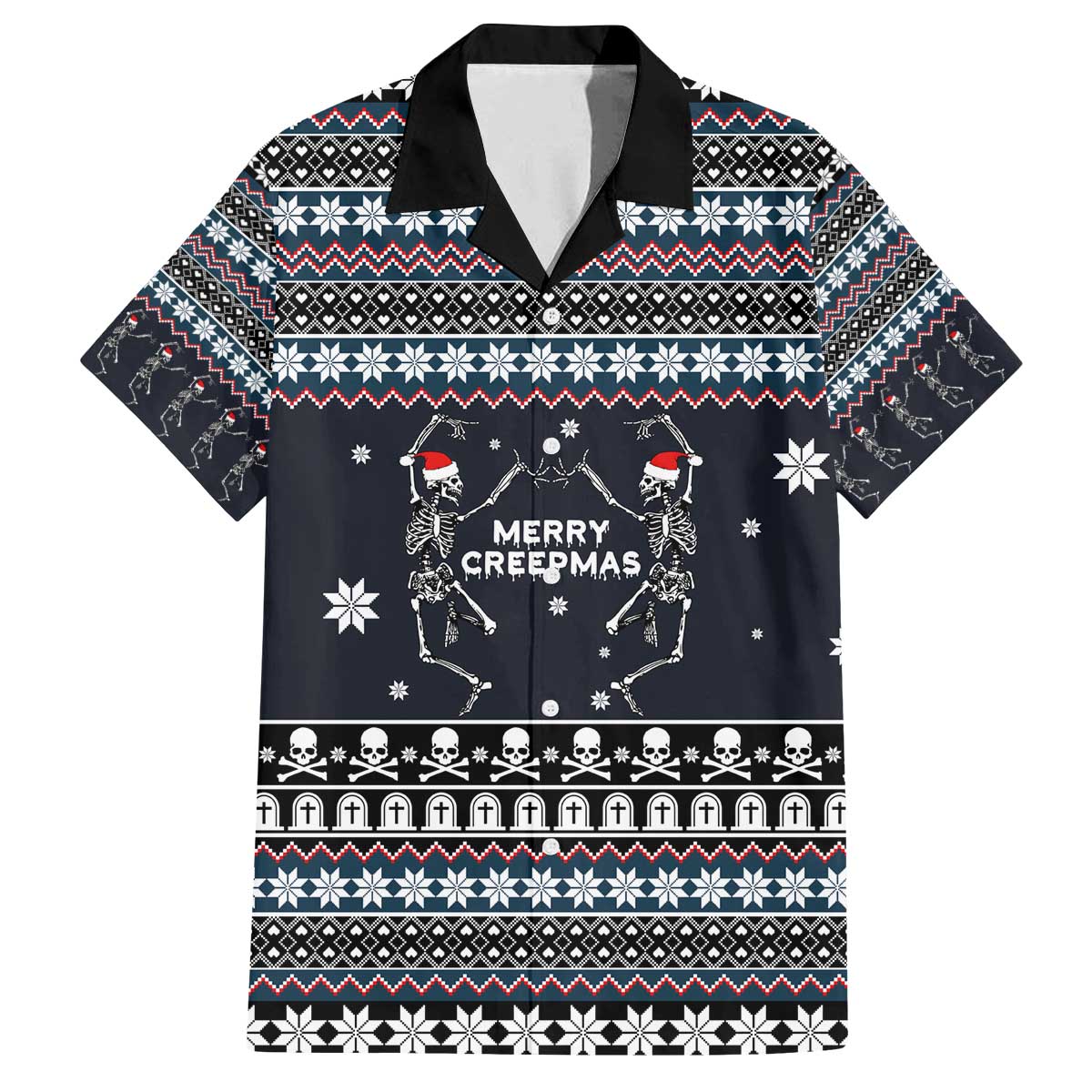 Skeleton Merry Creepmas Christmas Family Matching Off The Shoulder Long Sleeve Dress and Hawaiian Shirt Xmas Holiday Patterns - Wonder Print Shop