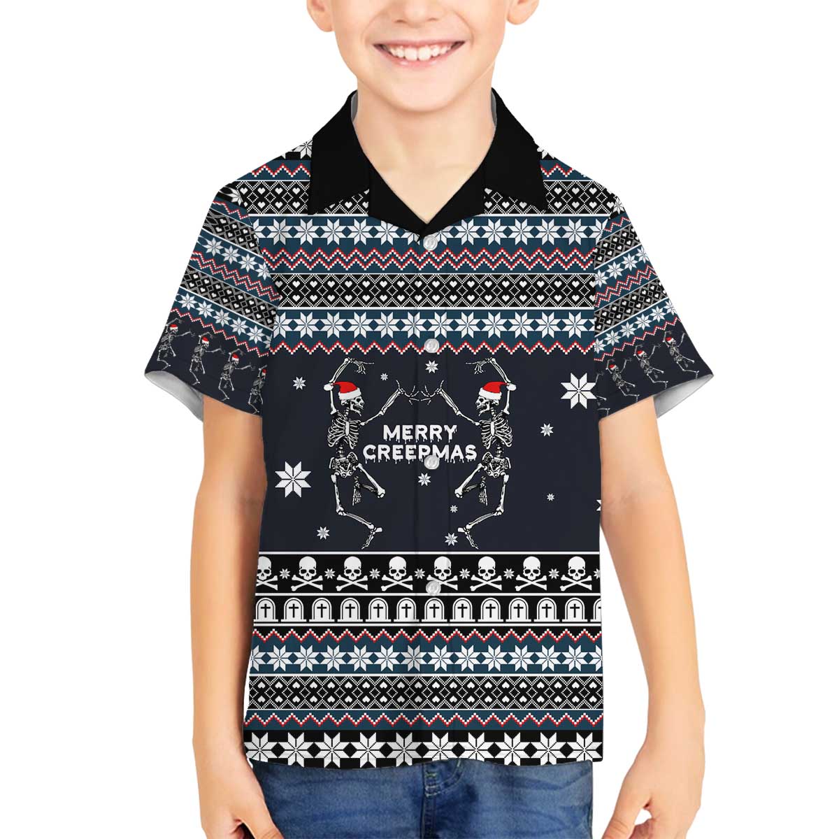 Skeleton Merry Creepmas Christmas Family Matching Off The Shoulder Long Sleeve Dress and Hawaiian Shirt Xmas Holiday Patterns - Wonder Print Shop