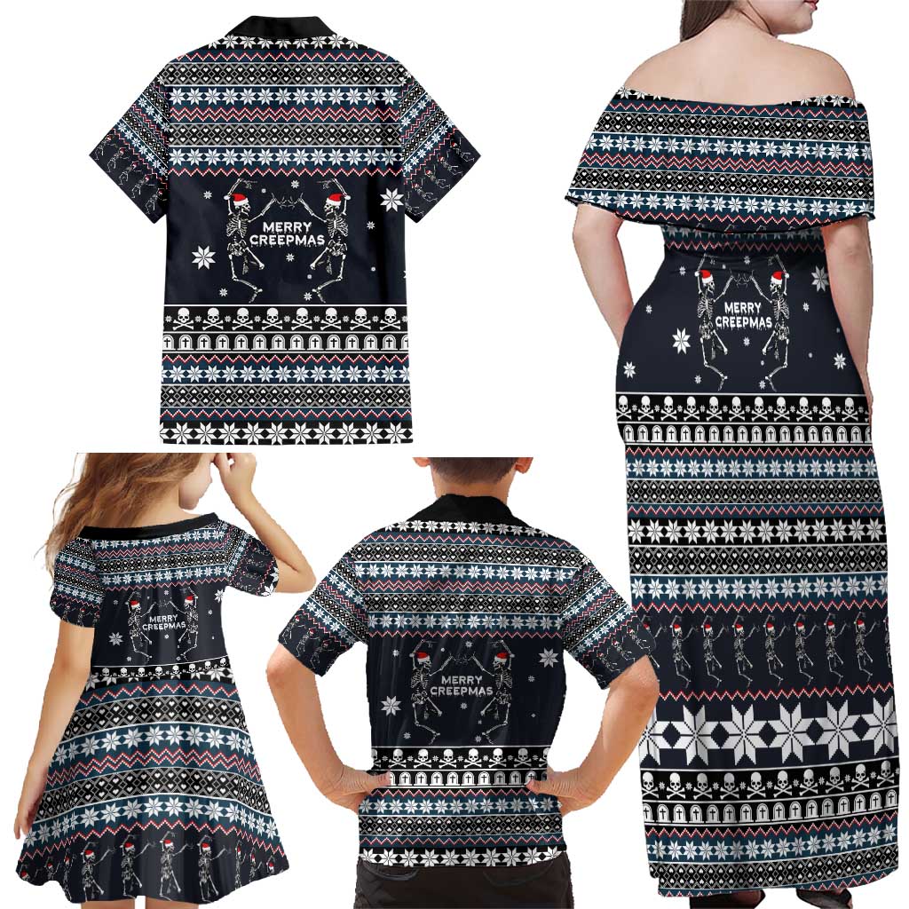 Skeleton Merry Creepmas Christmas Family Matching Off Shoulder Maxi Dress and Hawaiian Shirt Xmas Holiday Patterns - Wonder Print Shop