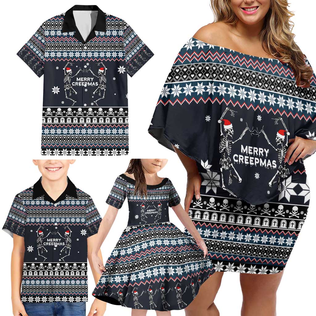Skeleton Merry Creepmas Christmas Family Matching Off Shoulder Short Dress and Hawaiian Shirt Xmas Holiday Patterns - Wonder Print Shop