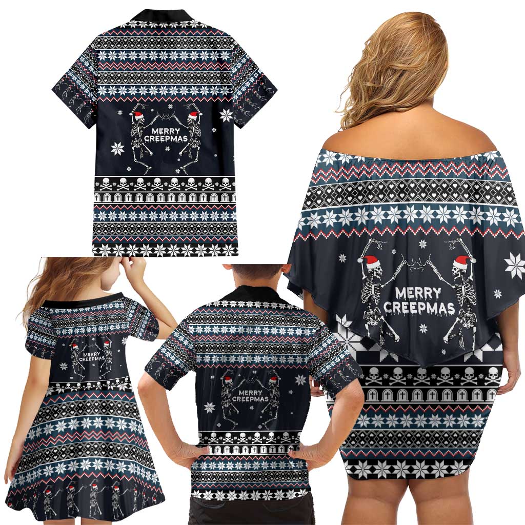 Skeleton Merry Creepmas Christmas Family Matching Off Shoulder Short Dress and Hawaiian Shirt Xmas Holiday Patterns - Wonder Print Shop