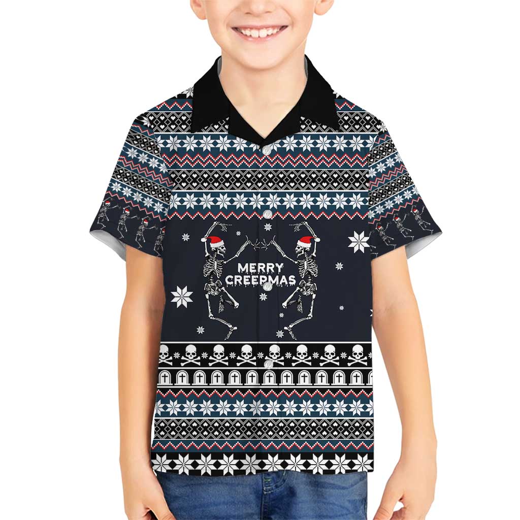 Skeleton Merry Creepmas Christmas Family Matching Off Shoulder Short Dress and Hawaiian Shirt Xmas Holiday Patterns - Wonder Print Shop