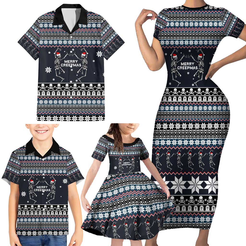 Skeleton Merry Creepmas Christmas Family Matching Short Sleeve Bodycon Dress and Hawaiian Shirt Xmas Holiday Patterns - Wonder Print Shop