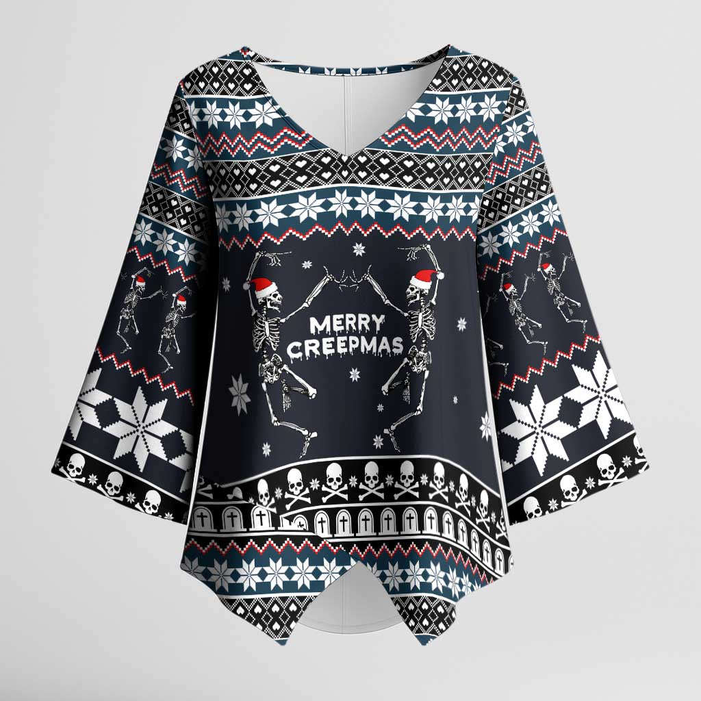 Skeleton Merry Creepmas Christmas Kimono Sleeve Blouse Xmas Holiday Patterns - Wonder Print Shop