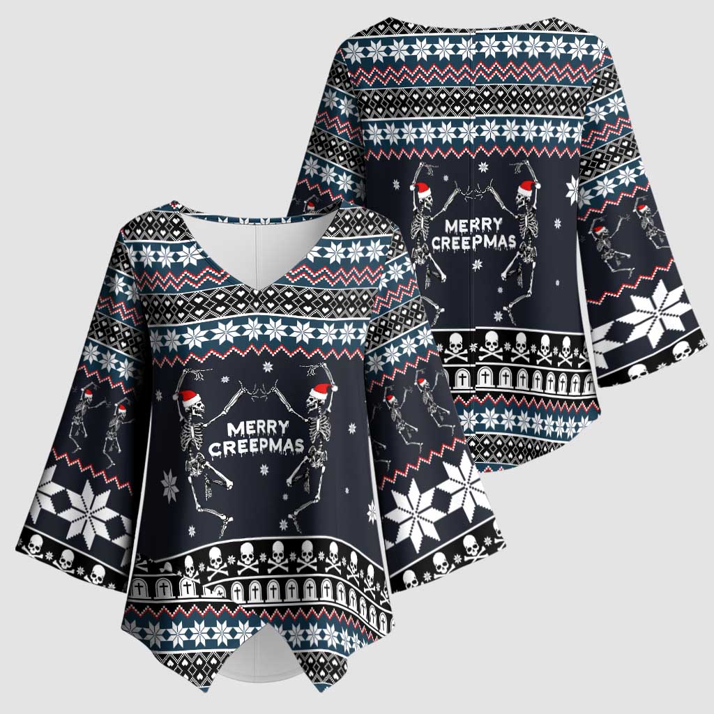 Skeleton Merry Creepmas Christmas Kimono Sleeve Blouse Xmas Holiday Patterns - Wonder Print Shop