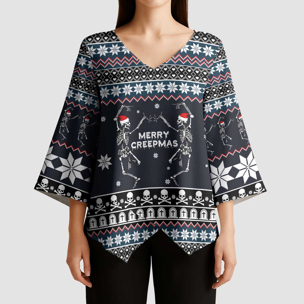 Skeleton Merry Creepmas Christmas Kimono Sleeve Blouse Xmas Holiday Patterns - Wonder Print Shop