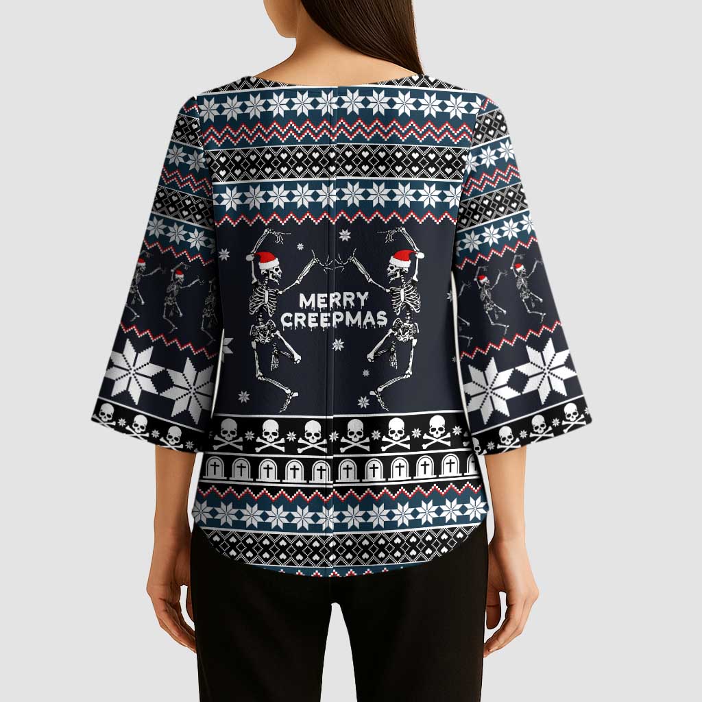 Skeleton Merry Creepmas Christmas Kimono Sleeve Blouse Xmas Holiday Patterns - Wonder Print Shop