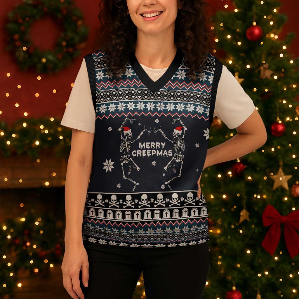 Skeleton Merry Creepmas Christmas Knitted V-Neck Vest Xmas Holiday Patterns - Wonder Print Shop