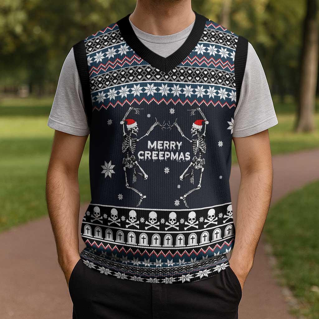 Skeleton Merry Creepmas Christmas Knitted V-Neck Vest Xmas Holiday Patterns - Wonder Print Shop