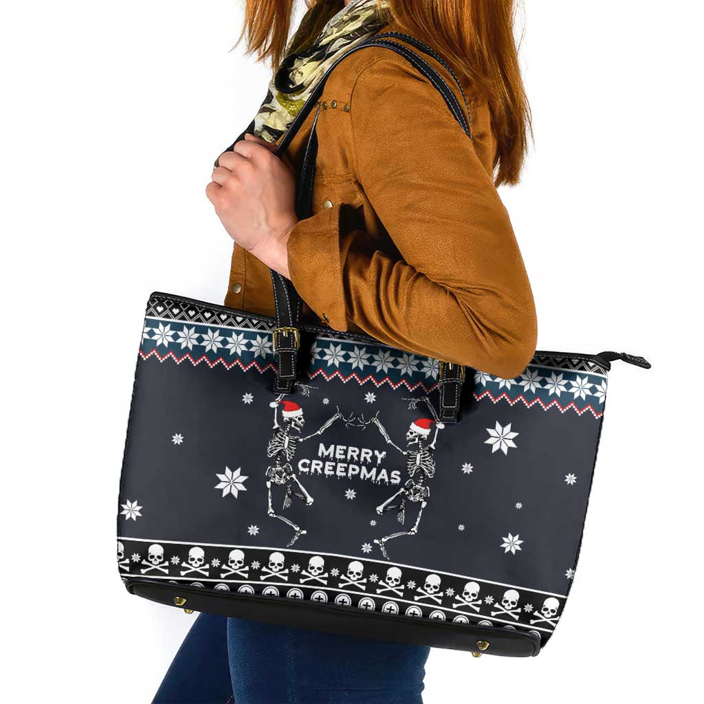 Skeleton Merry Creepmas Christmas Leather Tote Bag Xmas Holiday Patterns - Wonder Print Shop
