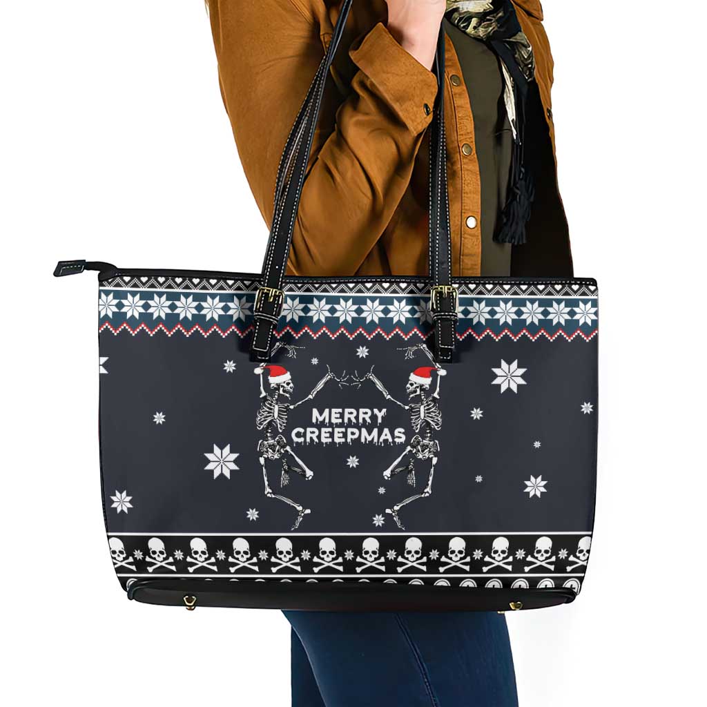Skeleton Merry Creepmas Christmas Leather Tote Bag Xmas Holiday Patterns - Wonder Print Shop