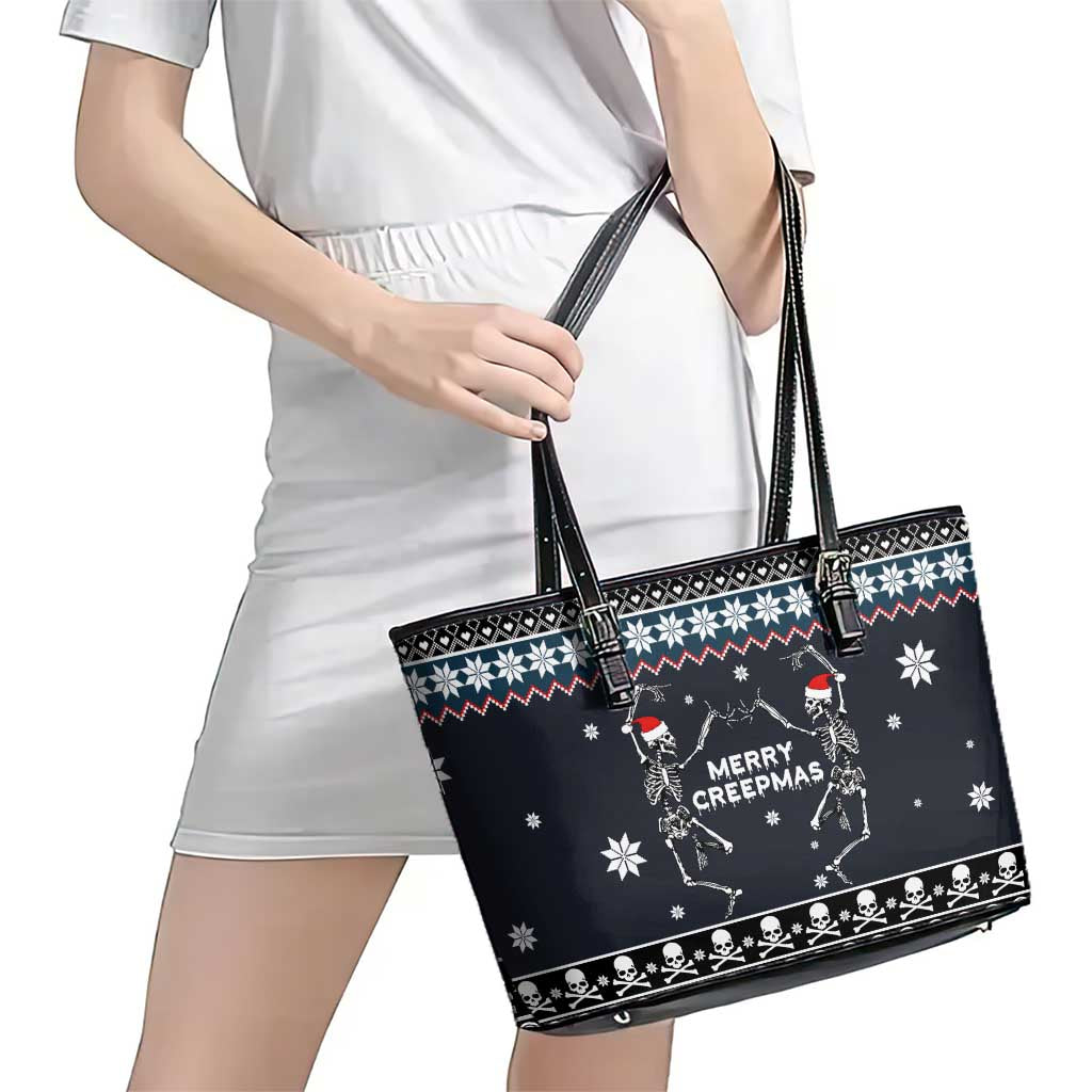 Skeleton Merry Creepmas Christmas Leather Tote Bag Xmas Holiday Patterns - Wonder Print Shop