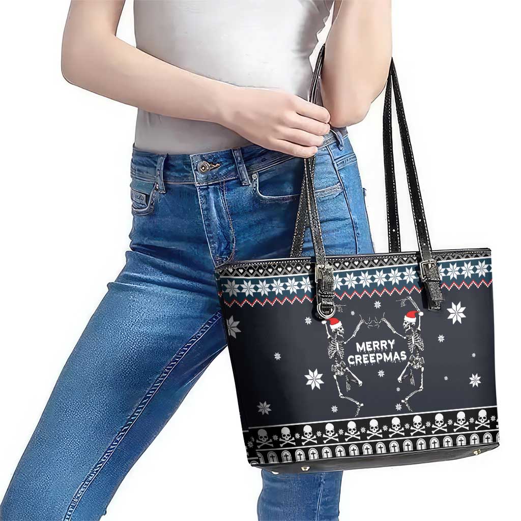 Skeleton Merry Creepmas Christmas Leather Tote Bag Xmas Holiday Patterns - Wonder Print Shop