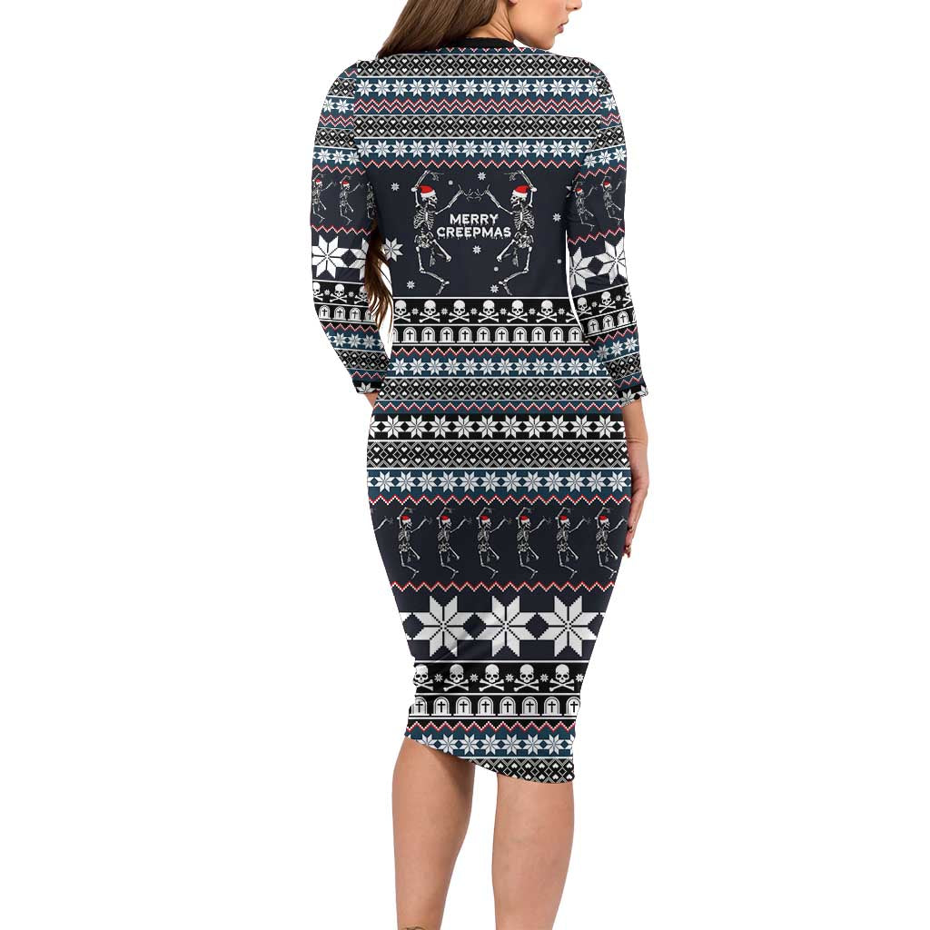 Skeleton Merry Creepmas Christmas Long Sleeve Bodycon Dress Xmas Holiday Patterns - Wonder Print Shop