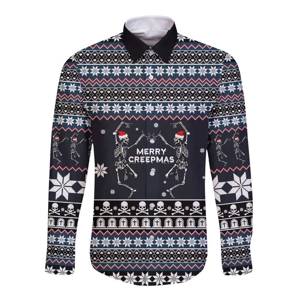Skeleton Merry Creepmas Christmas Long Sleeve Button Shirt Xmas Holiday Patterns - Wonder Print Shop