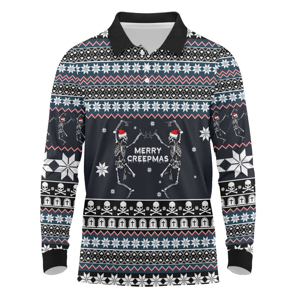 Skeleton Merry Creepmas Christmas Long Sleeve Polo Shirt Xmas Holiday Patterns - Wonder Print Shop