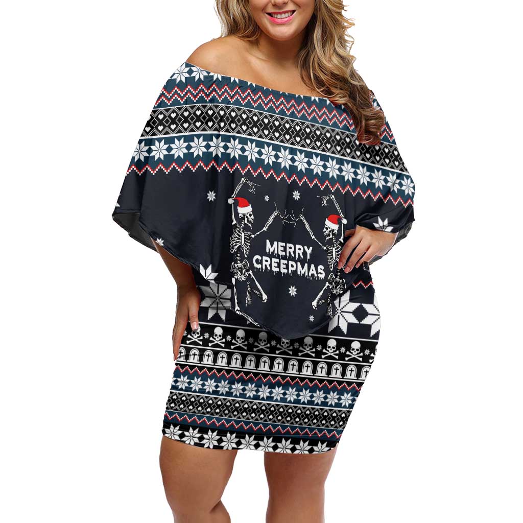 Skeleton Merry Creepmas Christmas Off Shoulder Short Dress Xmas Holiday Patterns - Wonder Print Shop