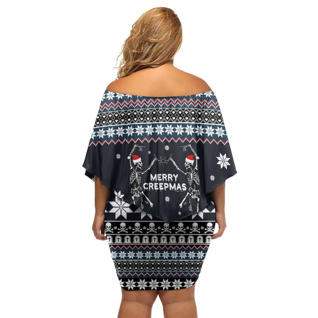 Skeleton Merry Creepmas Christmas Off Shoulder Short Dress Xmas Holiday Patterns - Wonder Print Shop