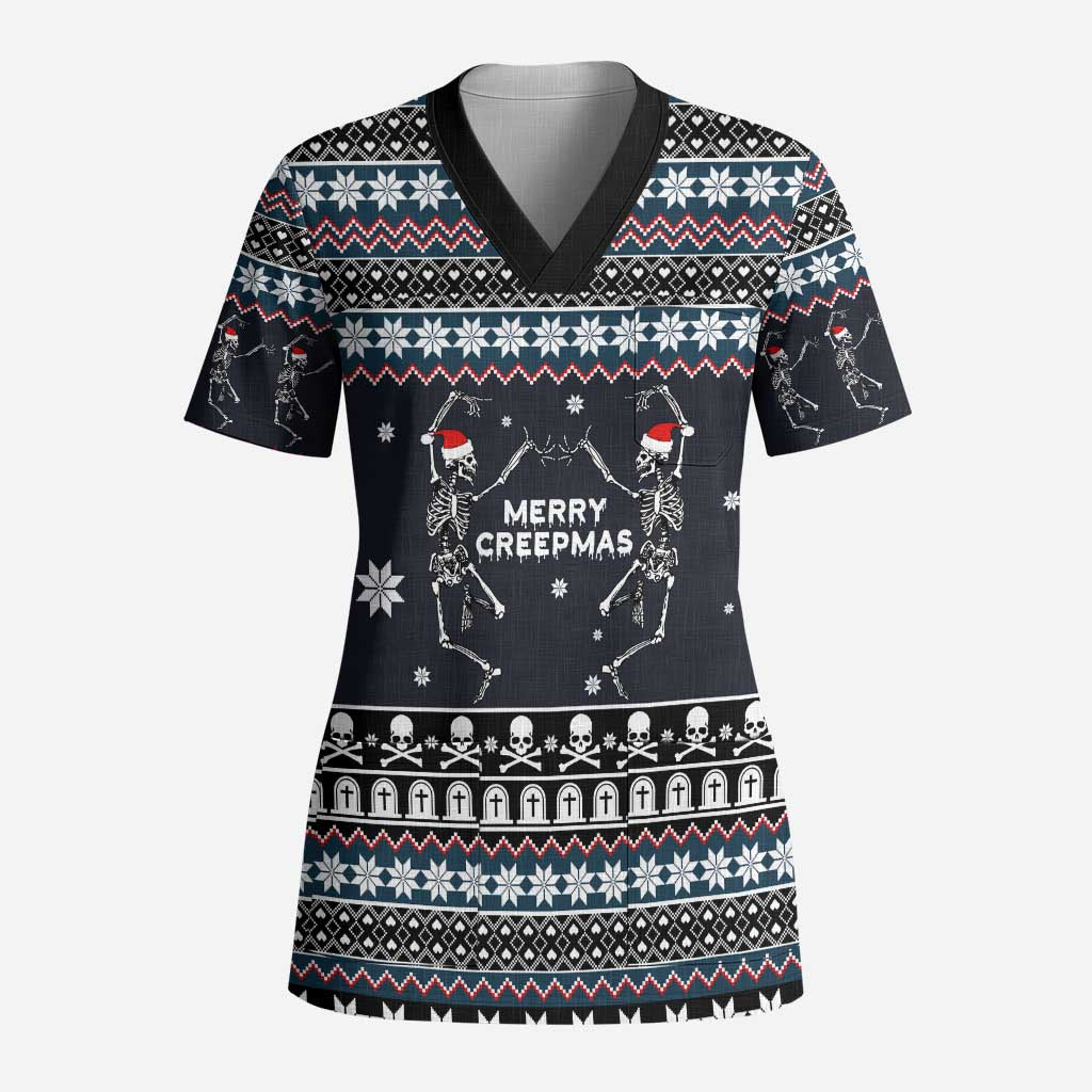 Skeleton Merry Creepmas Christmas Scrub Top Xmas Holiday Patterns - Wonder Print Shop