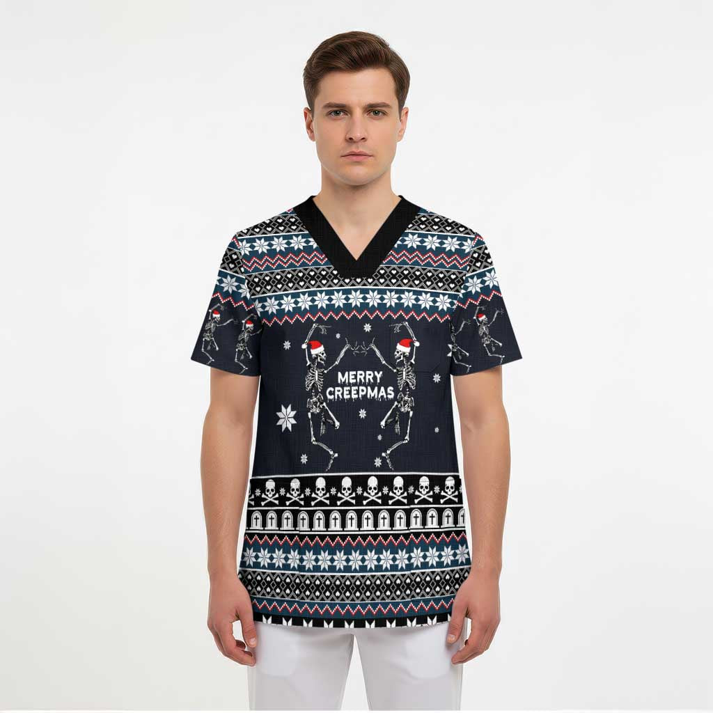Skeleton Merry Creepmas Christmas Scrub Top Xmas Holiday Patterns - Wonder Print Shop