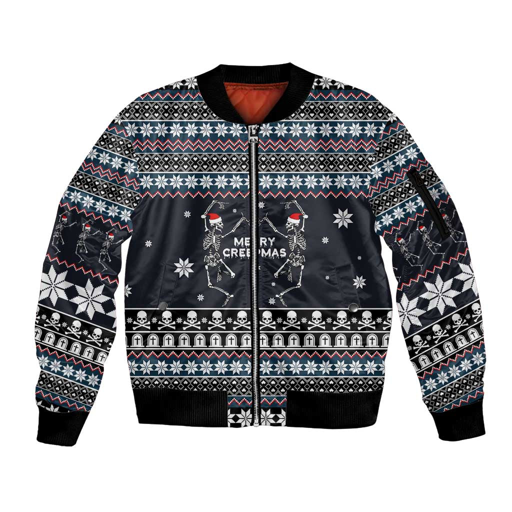 Skeleton Merry Creepmas Christmas Sleeve Zip Bomber Jacket Xmas Holiday Patterns - Wonder Print Shop