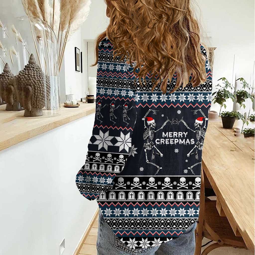 Skeleton Merry Creepmas Christmas Women Casual Shirt Xmas Holiday Patterns - Wonder Print Shop
