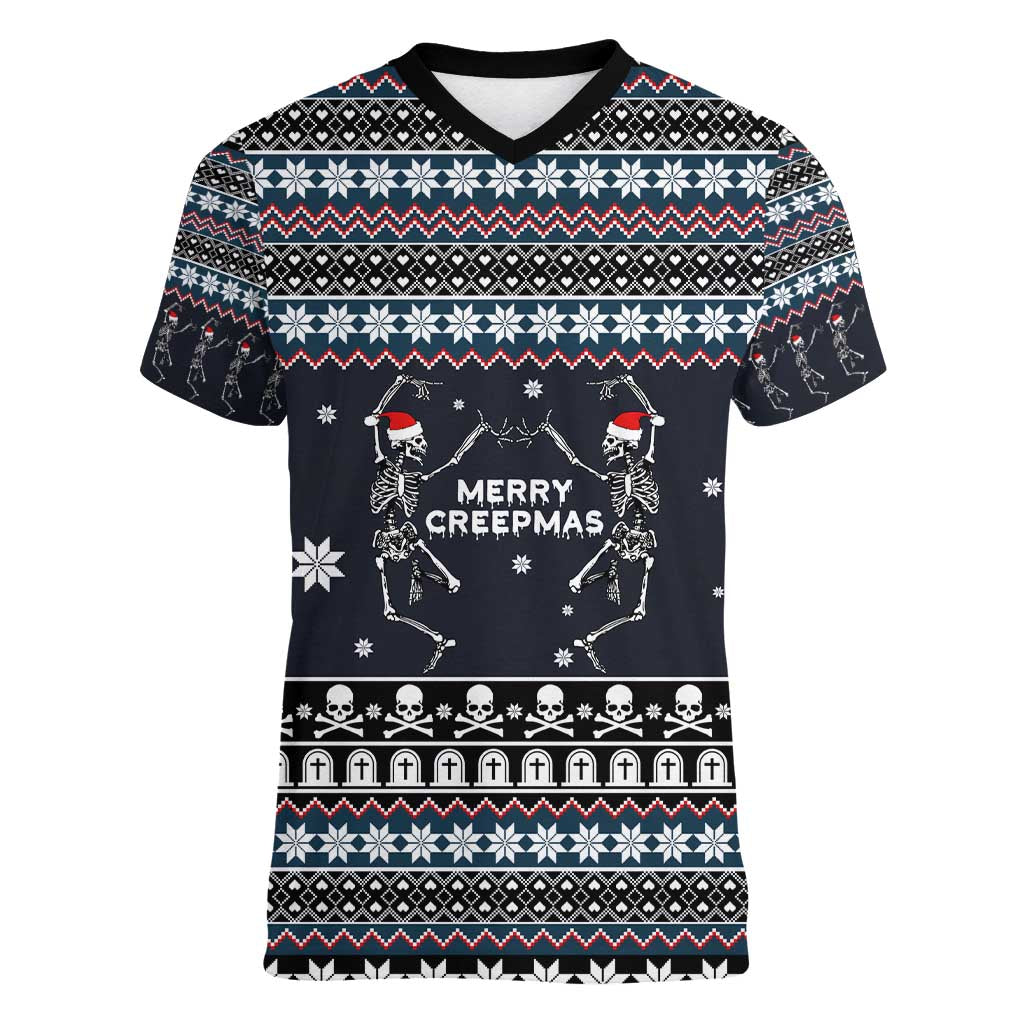 Skeleton Merry Creepmas Christmas Women V-Neck T-Shirt Xmas Holiday Patterns - Wonder Print Shop