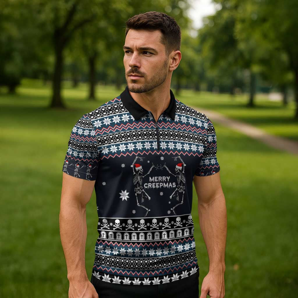 Skeleton Merry Creepmas Christmas Zipper Polo Shirt Xmas Holiday Patterns - Wonder Print Shop