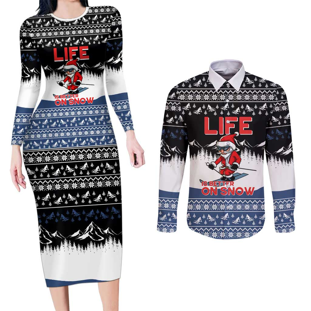 Skiing Life Is Better On Snow Christmas Couples Matching Long Sleeve Bodycon Dress and Long Sleeve Button Shirt Xmas Holiday Patterns - Wonder Print Shop