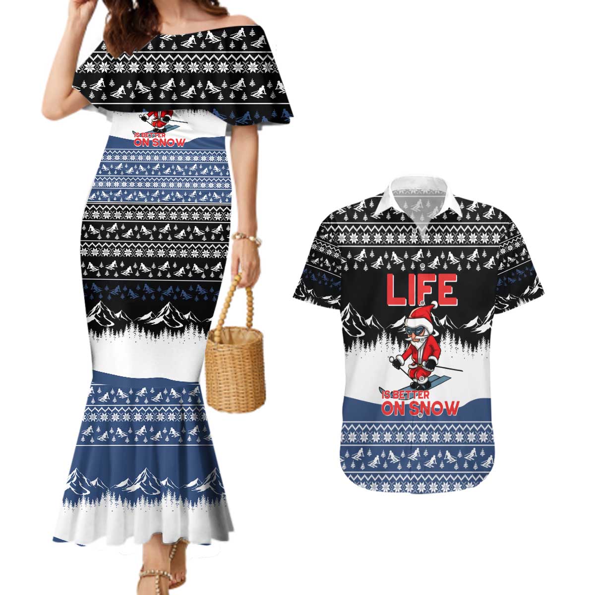 Skiing Life Is Better On Snow Christmas Couples Matching Mermaid Dress and Hawaiian Shirt Xmas Holiday Patterns - Wonder Print Shop