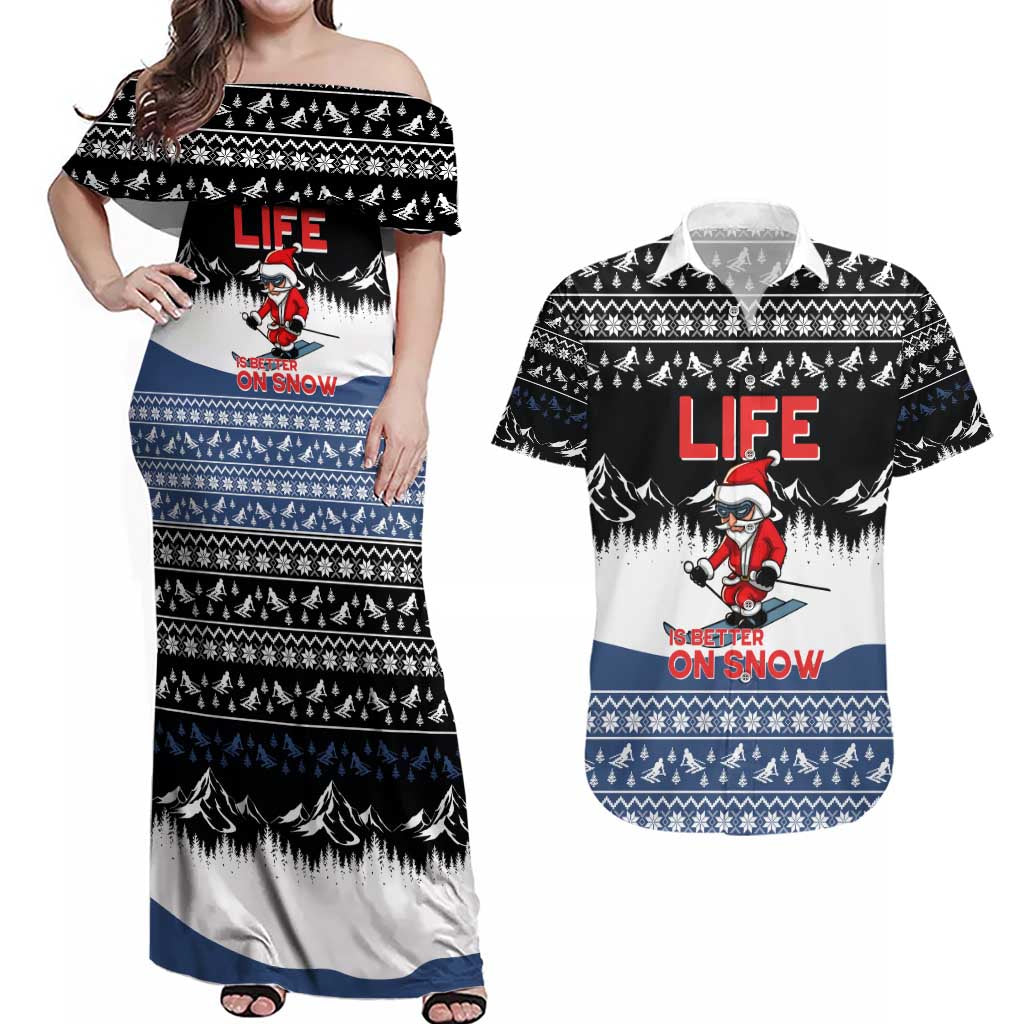 Skiing Life Is Better On Snow Christmas Couples Matching Off Shoulder Maxi Dress and Hawaiian Shirt Xmas Holiday Patterns - Wonder Print Shop