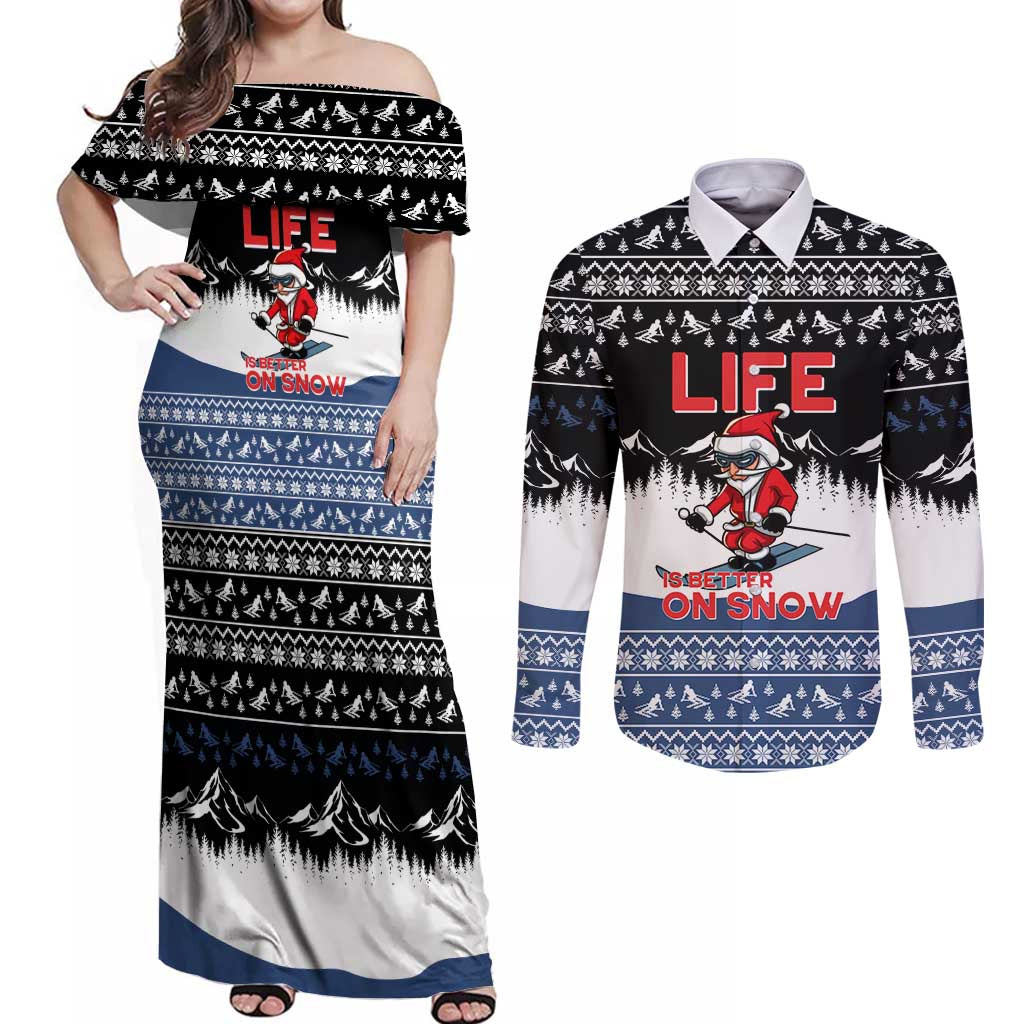 Skiing Life Is Better On Snow Christmas Couples Matching Off Shoulder Maxi Dress and Long Sleeve Button Shirt Xmas Holiday Patterns - Wonder Print Shop