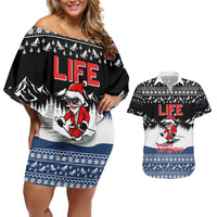 Skiing Life Is Better On Snow Christmas Couples Matching Off Shoulder Short Dress and Hawaiian Shirt Xmas Holiday Patterns - Wonder Print Shop