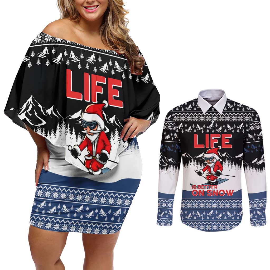 Skiing Life Is Better On Snow Christmas Couples Matching Off Shoulder Short Dress and Long Sleeve Button Shirt Xmas Holiday Patterns - Wonder Print Shop