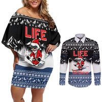 Skiing Life Is Better On Snow Christmas Couples Matching Off Shoulder Short Dress and Long Sleeve Button Shirt Xmas Holiday Patterns - Wonder Print Shop