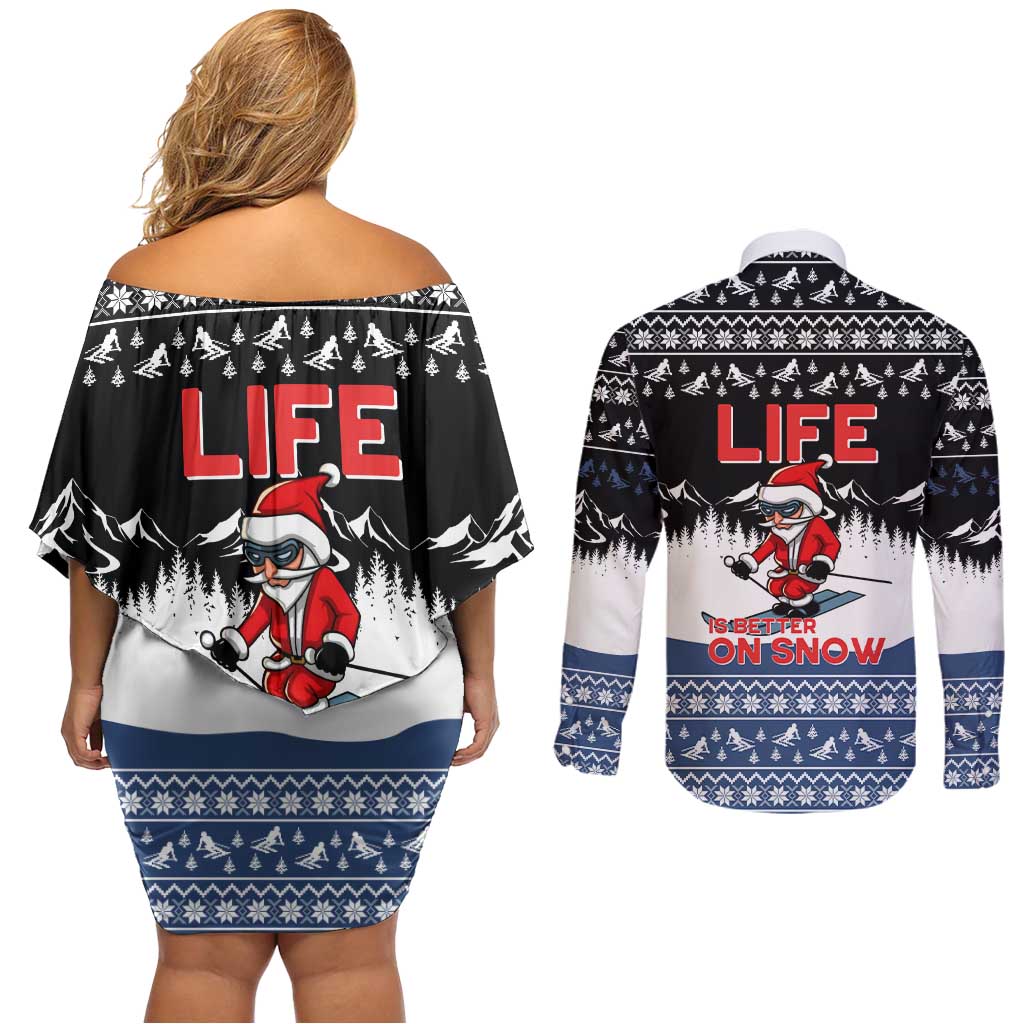 Skiing Life Is Better On Snow Christmas Couples Matching Off Shoulder Short Dress and Long Sleeve Button Shirt Xmas Holiday Patterns - Wonder Print Shop