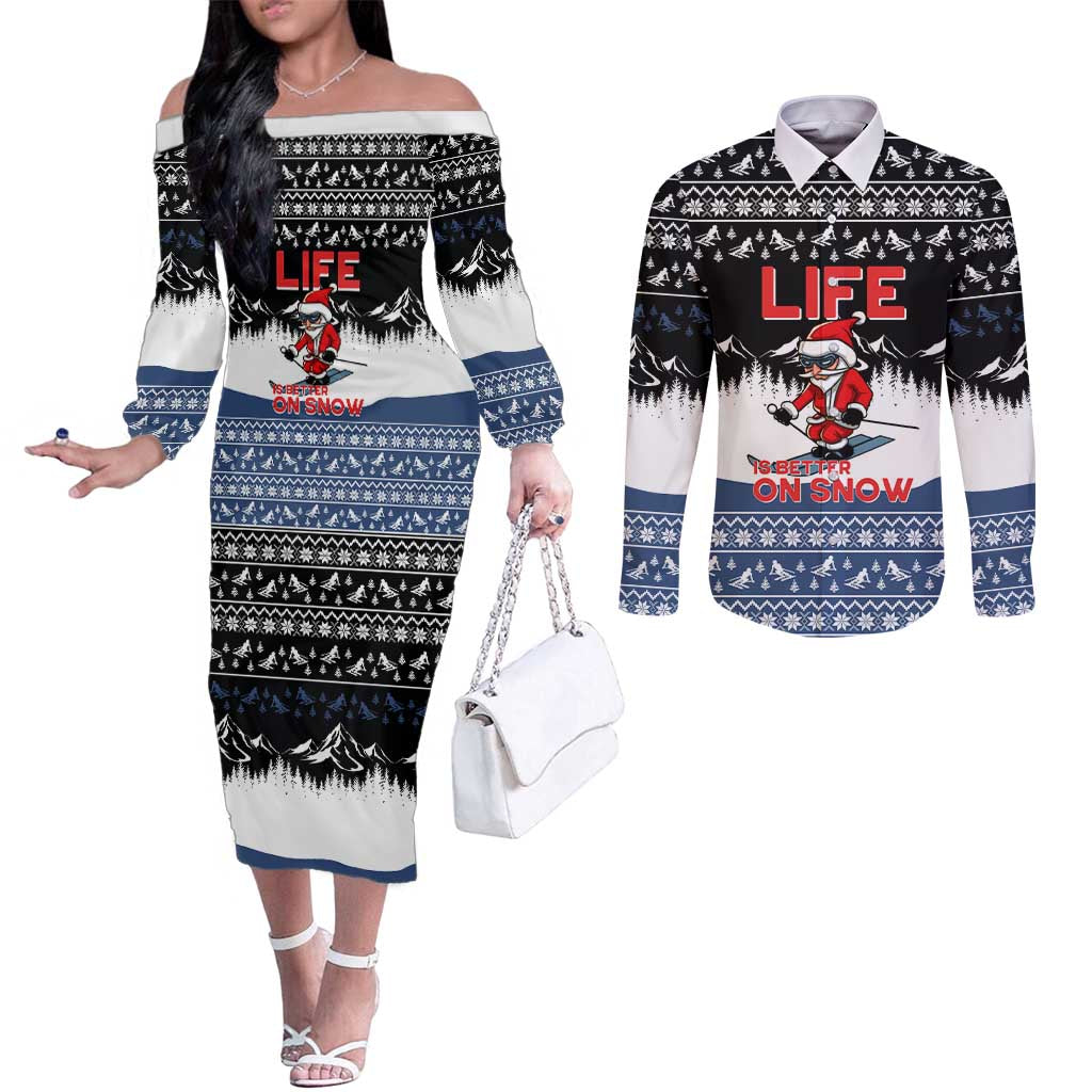 Skiing Life Is Better On Snow Christmas Couples Matching Off The Shoulder Long Sleeve Dress and Long Sleeve Button Shirt Xmas Holiday Patterns - Wonder Print Shop